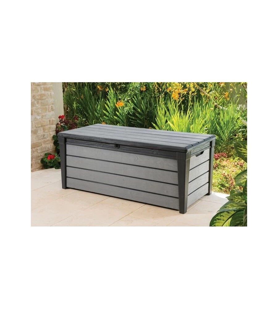 Baule da esterno keter "brushwood" in resina grafite effetto legno 454 lt 145x69,7x60,3 cm